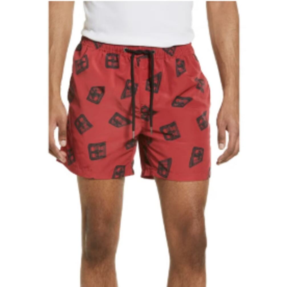 KSUBI Men's 3D Print Swim Board Shorts Large Red Black Drawstring NWT